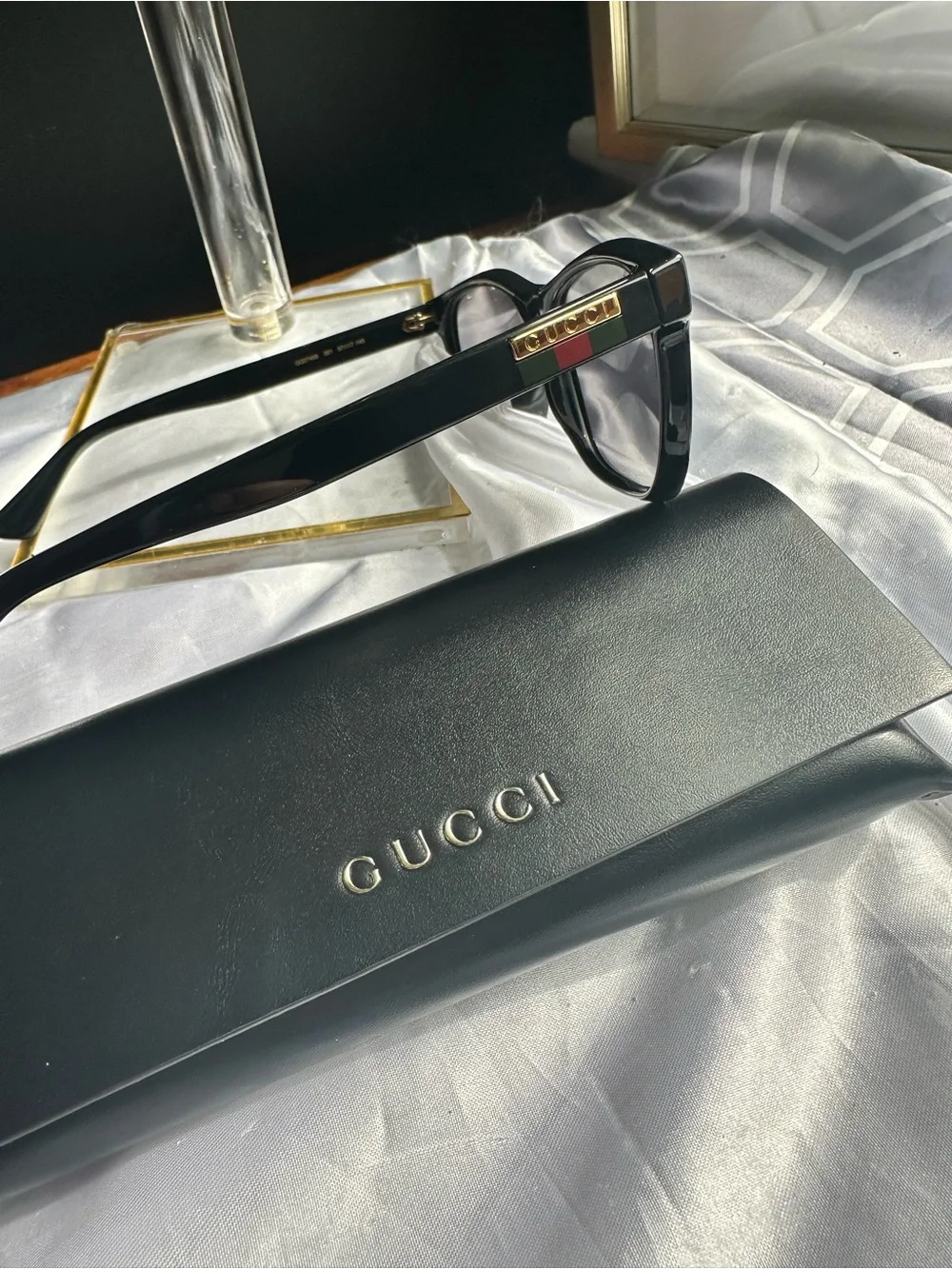 NWOT Authentic Gucci Black Sunglasses with Gold Tone Accents & Web Stripe